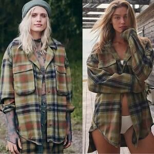 Free People Grunge 90s Flannel Plaid Izzie Cargo Shirt Jacket Shacket Medium